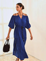 Blue Cotton Cold Shoulder Long Dress