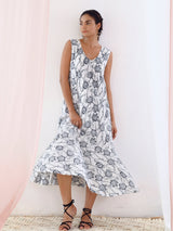 White Printed A-Line Sleeveless Cotton Dress