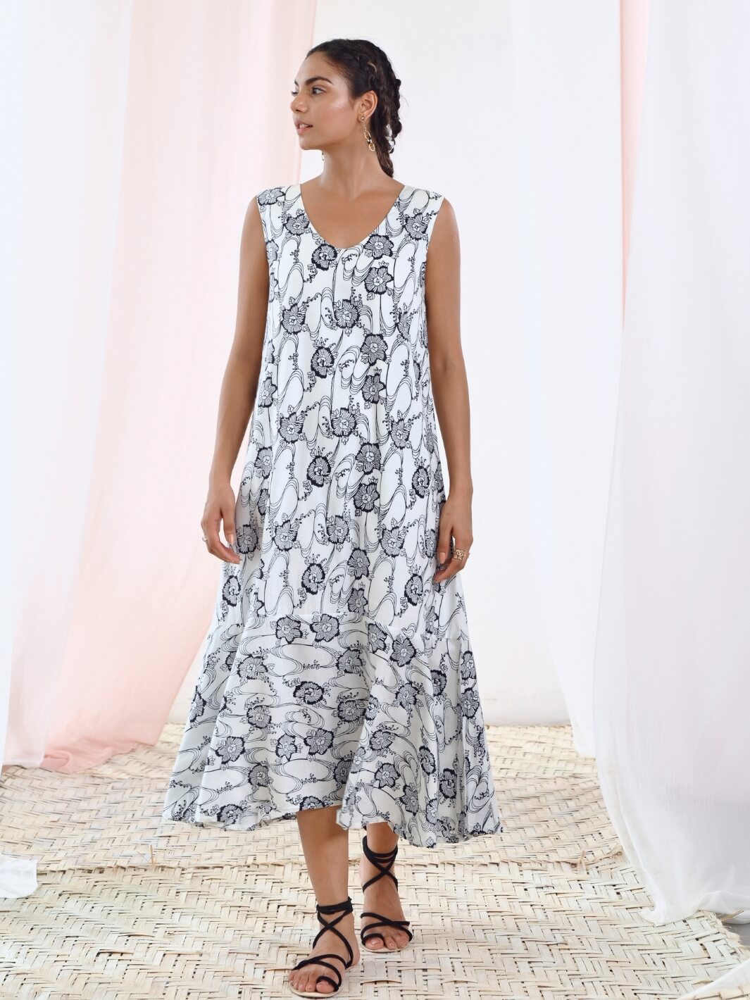 White Printed A-Line Sleeveless Cotton Dress