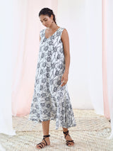 White Printed A-Line Sleeveless Cotton Dress