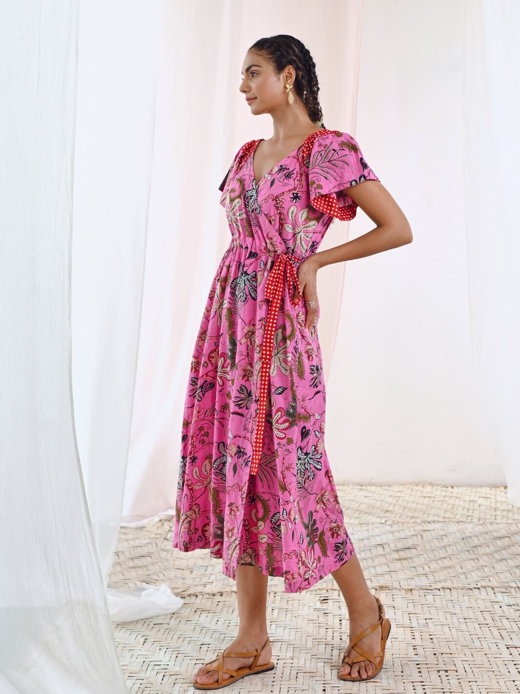 Pink Cotton Printed Floral Wrap Dress