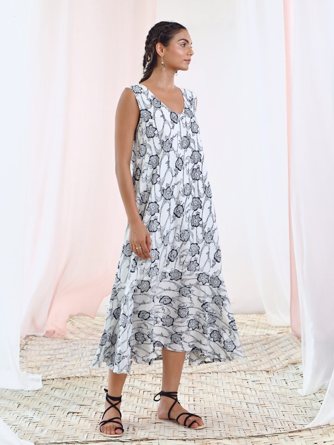 White Printed A-Line Sleeveless Cotton Dress