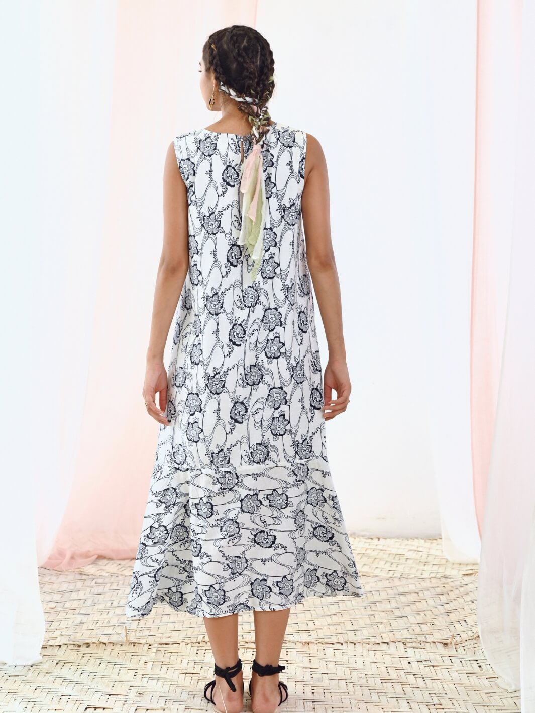 White Printed A-Line Sleeveless Cotton Dress