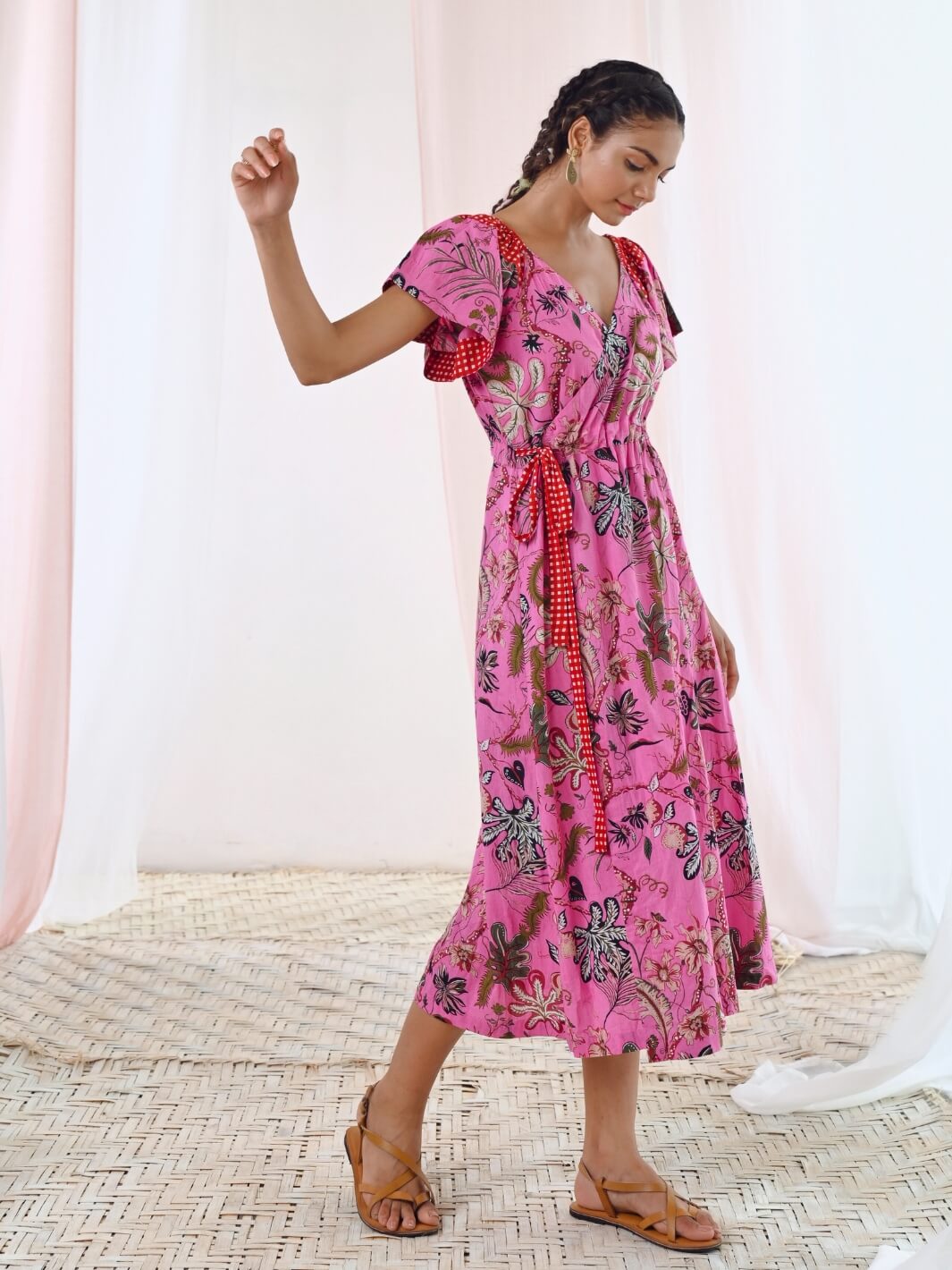 Pink Cotton Printed Floral Wrap Dress