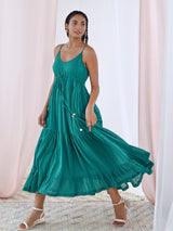 Green Cotton Voile Flared Maxi Dress