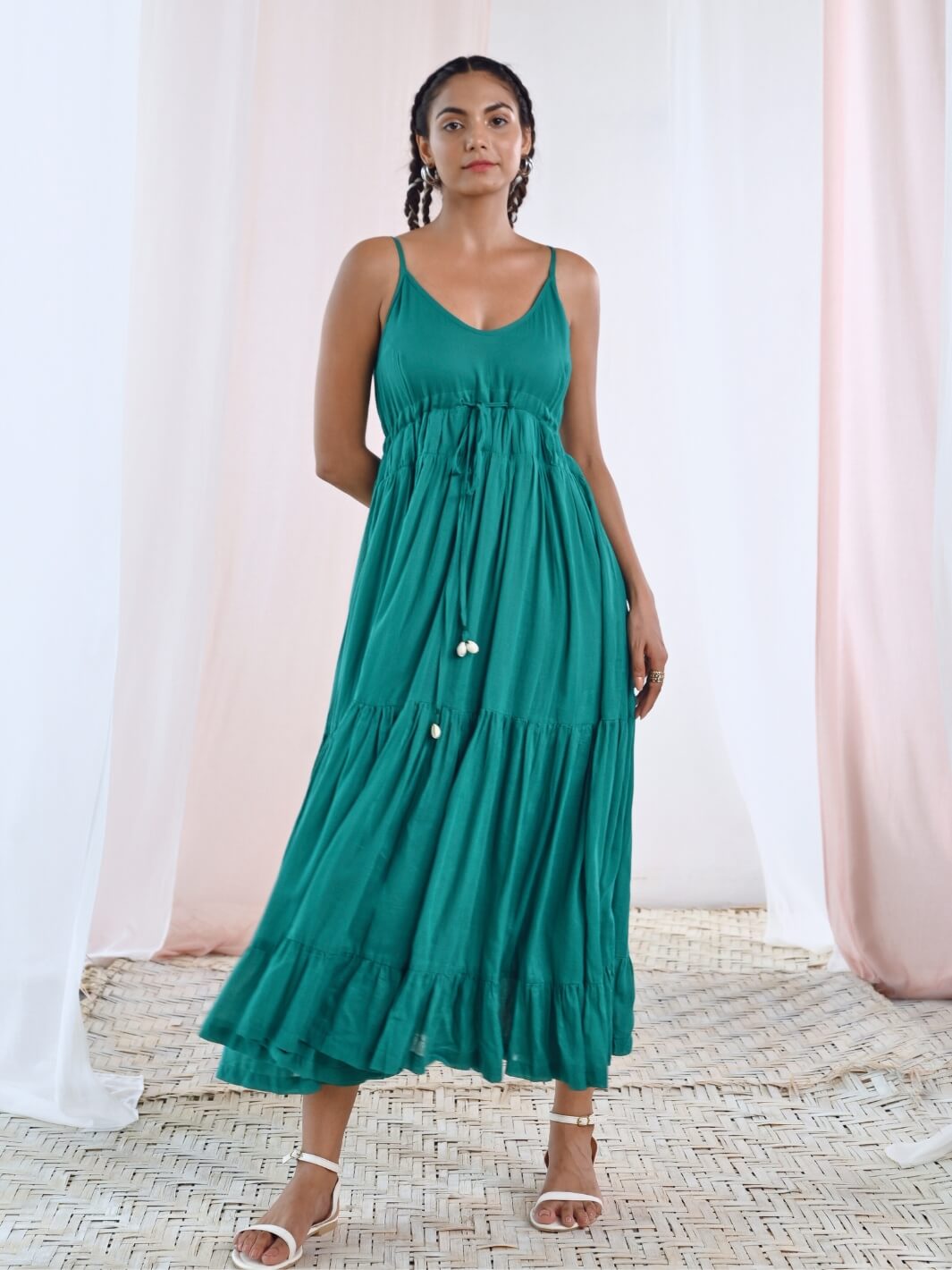 Green Cotton Voile Flared Maxi Dress