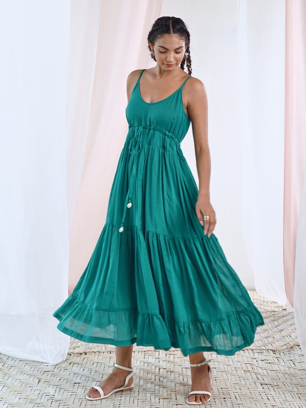 Green Cotton Voile Flared Maxi Dress