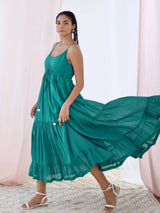 Green Cotton Voile Flared Maxi Dress