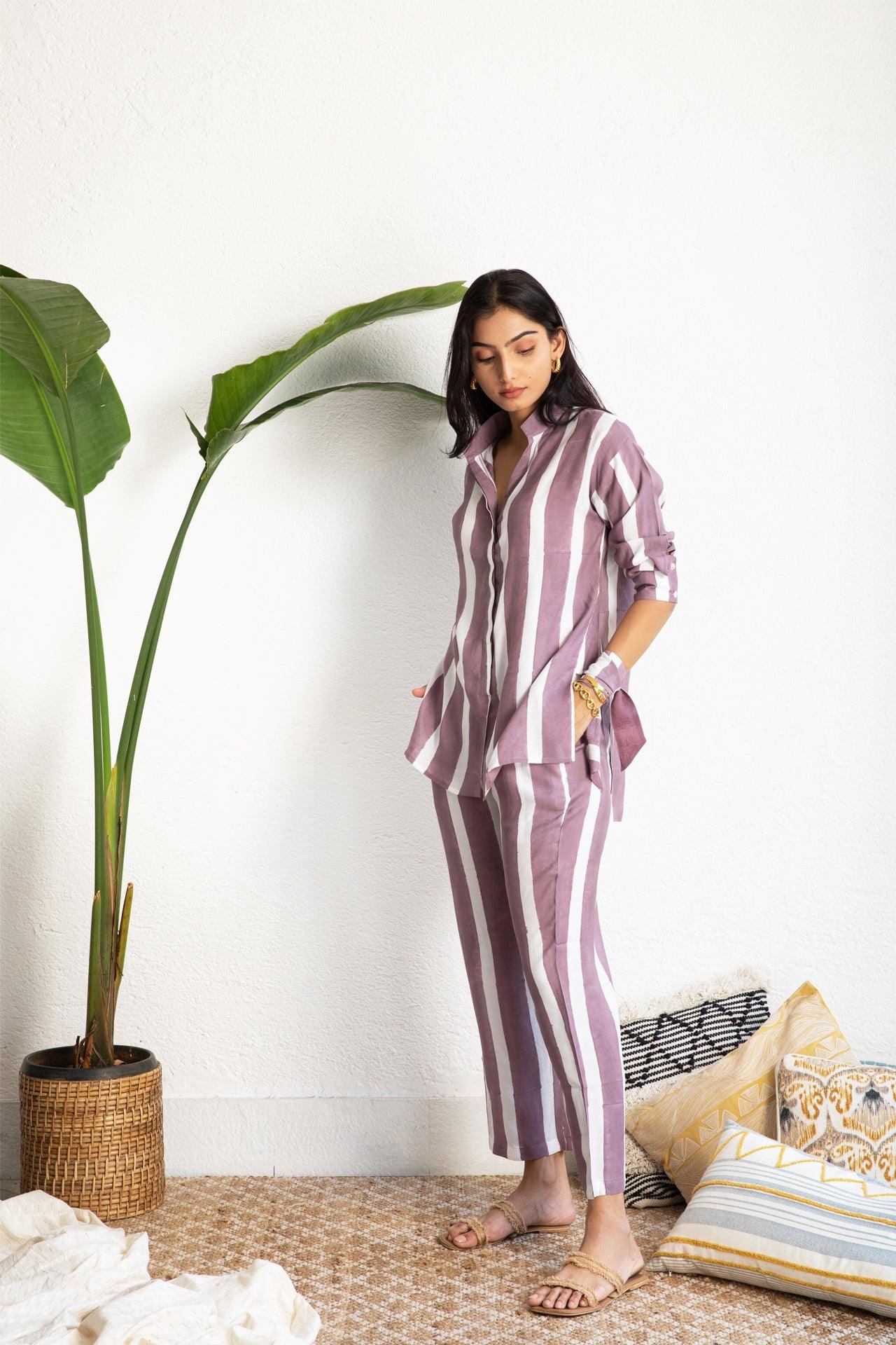 Purple Striped Muslin Co-ord Set (Set of Two)