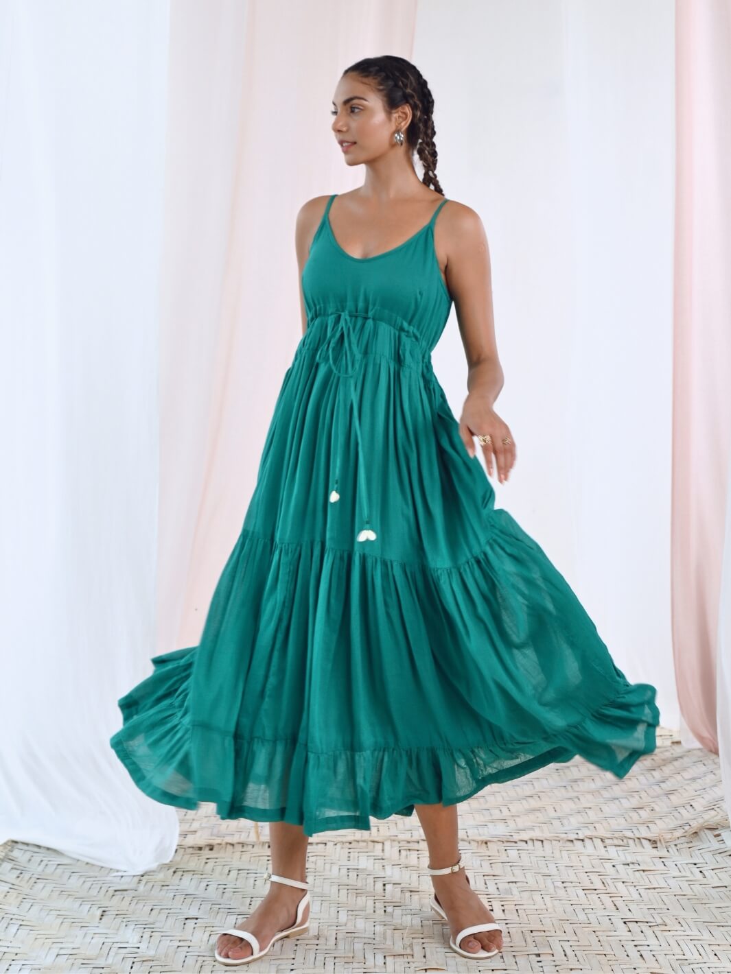 Green Cotton Voile Flared Maxi Dress