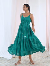 Green Cotton Voile Flared Maxi Dress