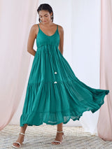 Green Cotton Voile Flared Maxi Dress