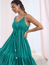 Green Cotton Voile Flared Maxi Dress