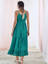 Green Cotton Voile Flared Maxi Dress