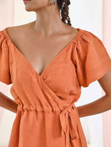 Rust Orange Linen Wrap Dress with Short Sleeves