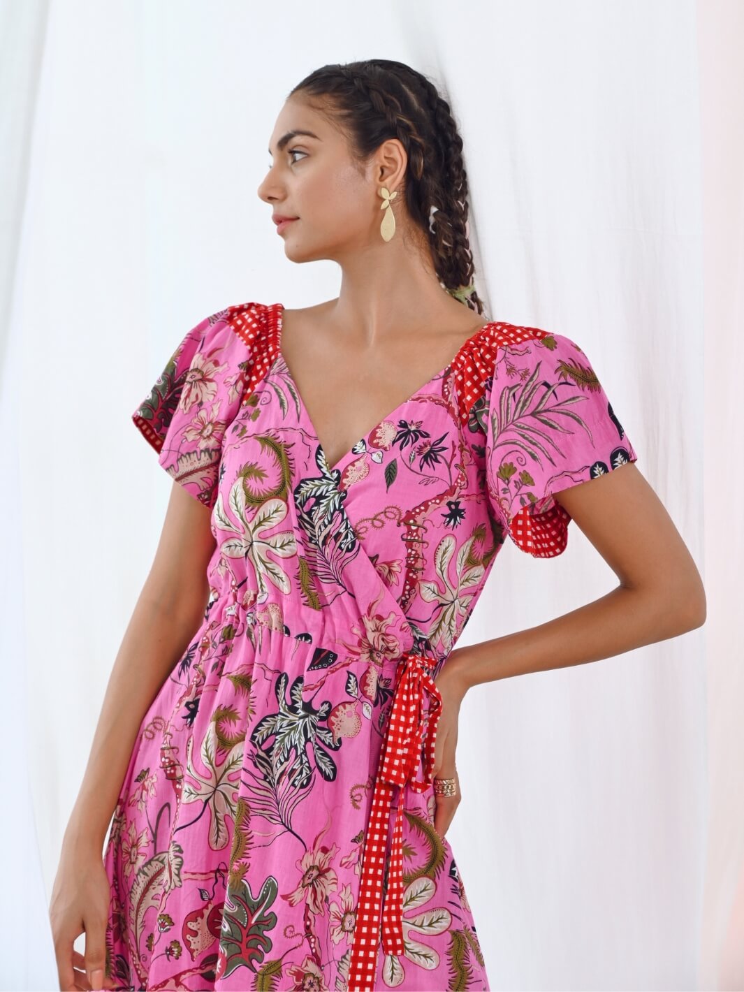 Pink Cotton Printed Floral Wrap Dress