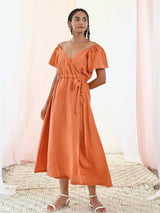 Rust Orange Linen Wrap Dress with Short Sleeves