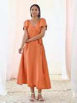 Rust Orange Linen Wrap Dress with Short Sleeves