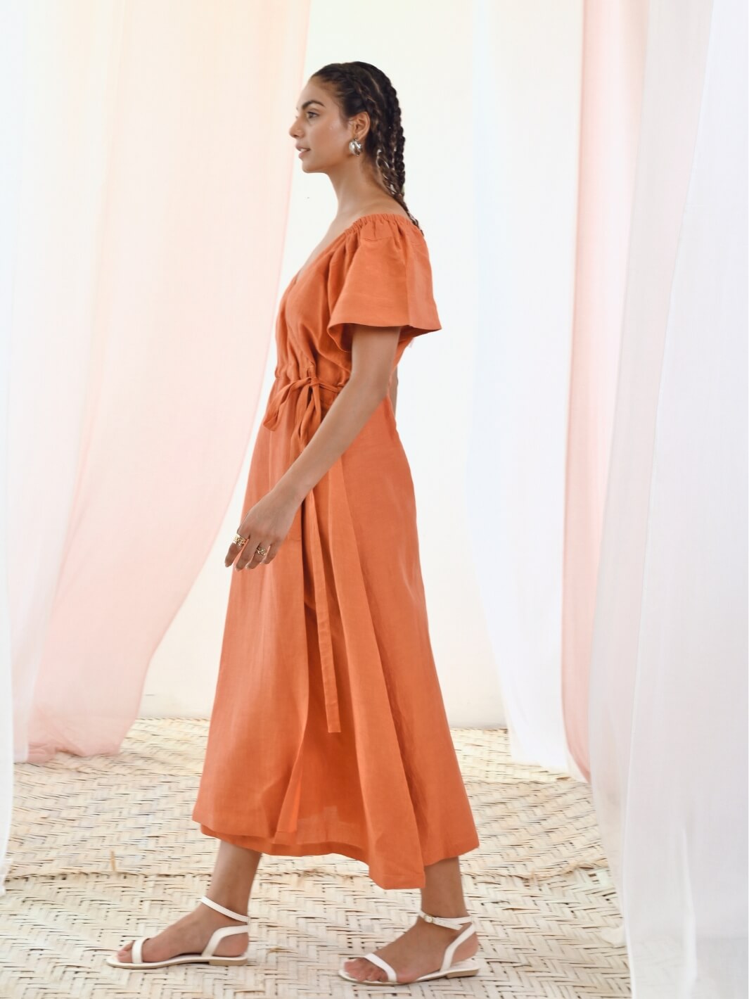 Rust Orange Linen Wrap Dress with Short Sleeves