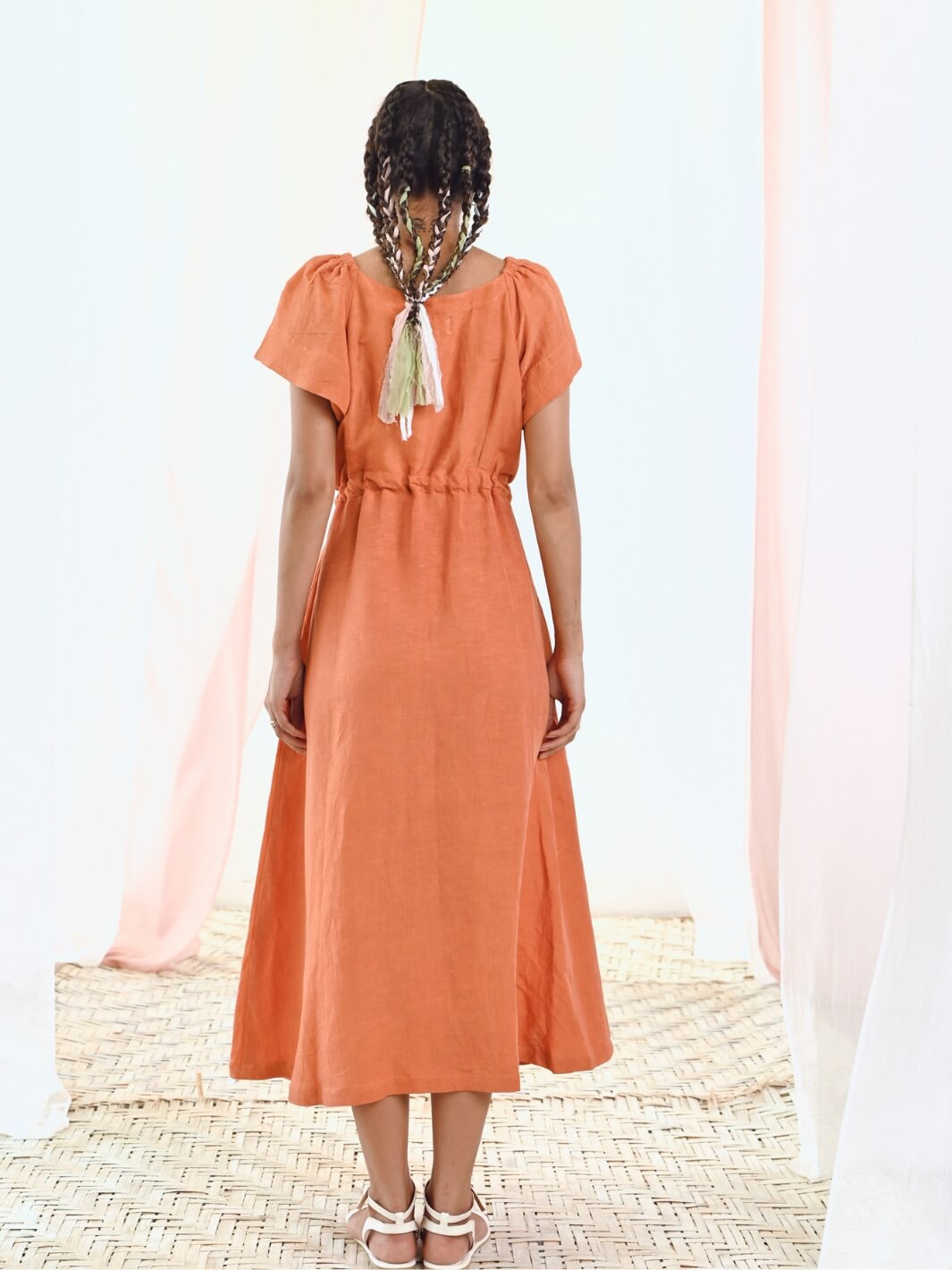 Rust Orange Linen Wrap Dress with Short Sleeves