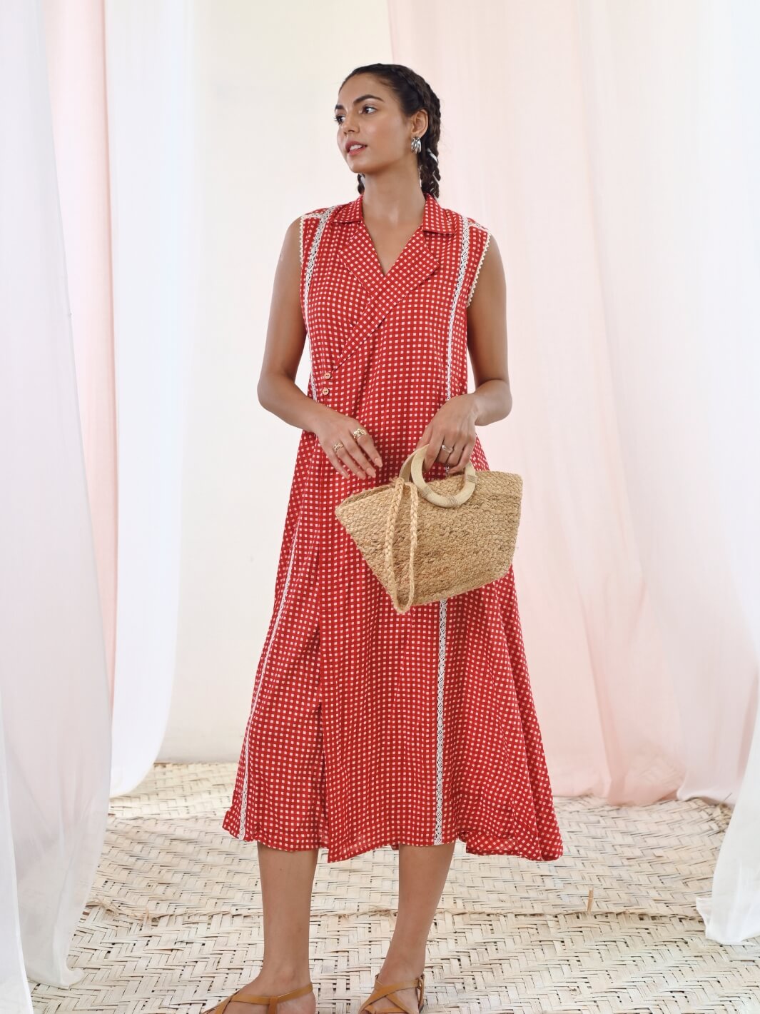 Red Printed Cotton Sleeveless Wrap Dress