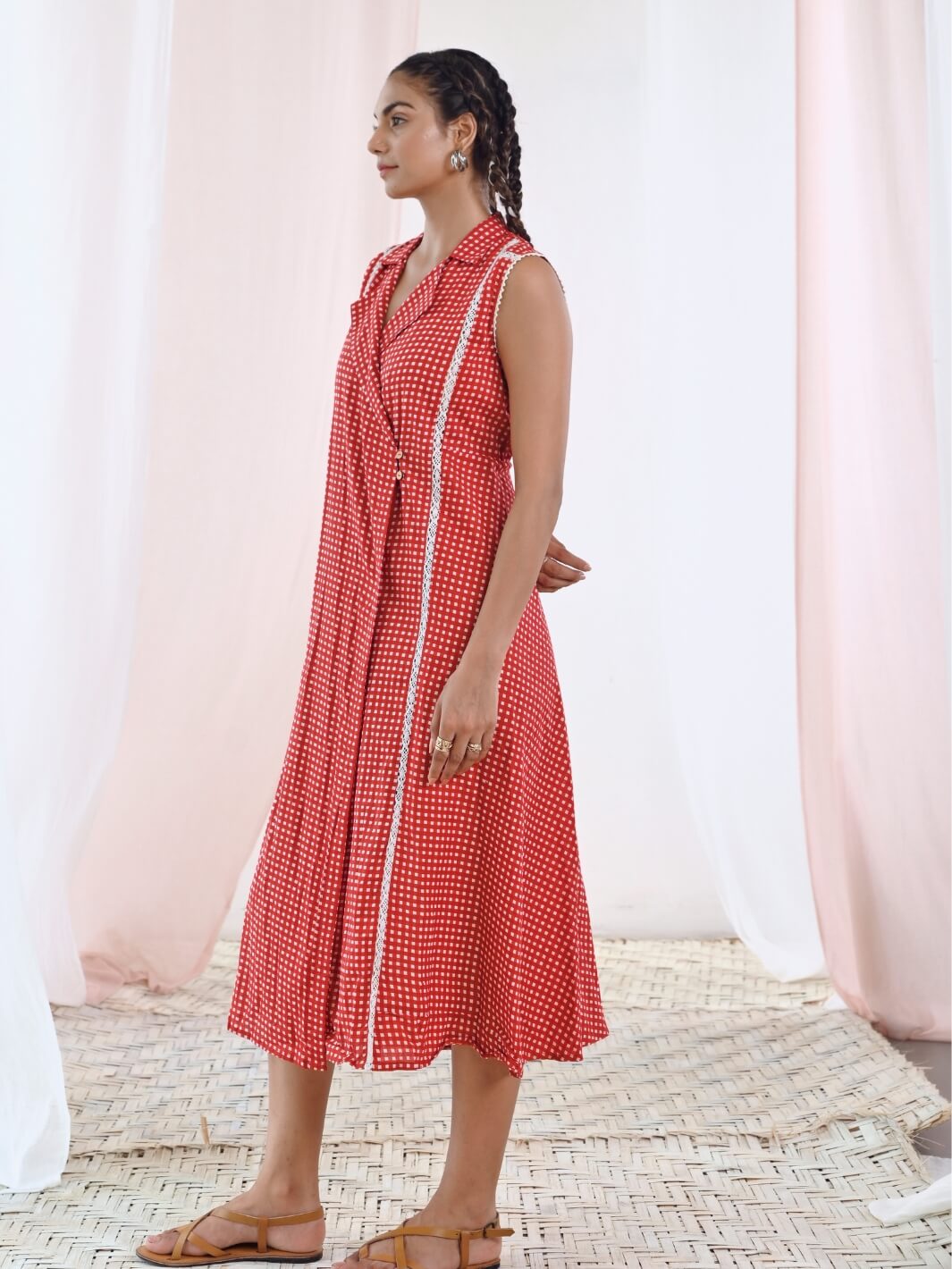 Red Printed Cotton Sleeveless Wrap Dress