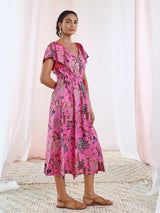 Pink Cotton Printed Floral Wrap Dress