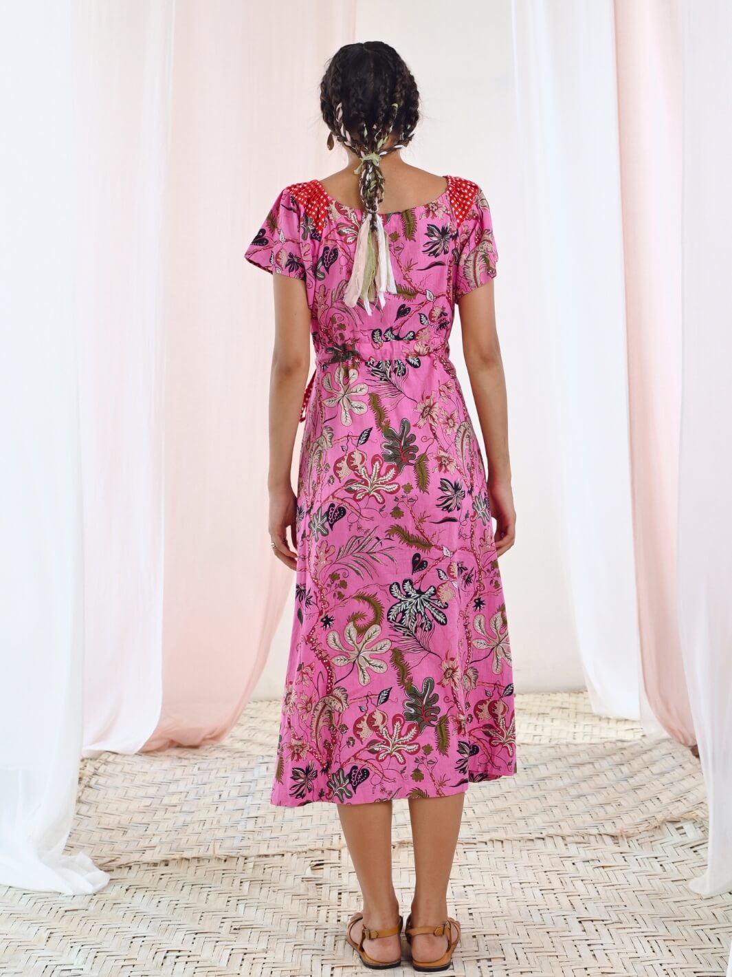 Pink Cotton Printed Floral Wrap Dress