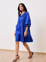 Blue Cotton Satin Short Party Dress with Ruched Sleeves