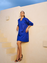 Blue Cotton Satin Short Party Dress with Balloon Sleeves