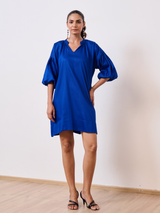 Blue Cotton Satin Short Party Dress with Balloon Sleeves