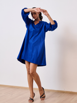 Blue Cotton Satin Short Party Dress with Balloon Sleeves