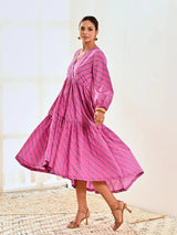 Pink Cotton Striped Print Maxi Long Dress