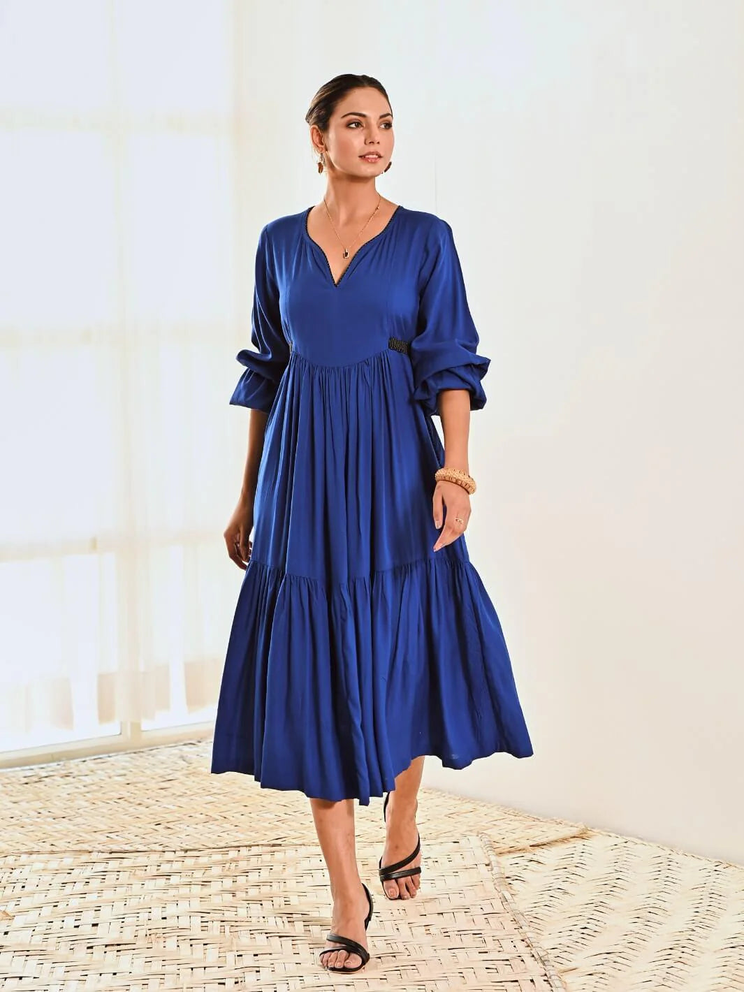 Blue Cotton Maxi Long Dress with Belt