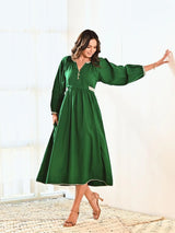 Emerald Cotton Maxi Long Dress with Belt & Baloon Sleeves