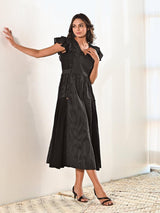 Black Cotton V neck Long Dress with Belt