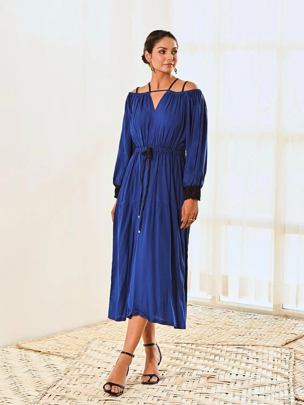 Blue Cotton Cold Shoulder Long Dress