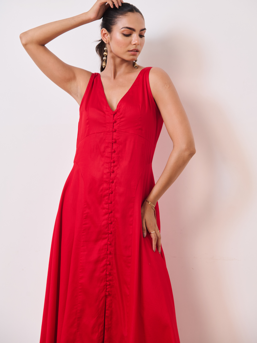 Deep Red Cotton Satin Sleeveless Party Dress