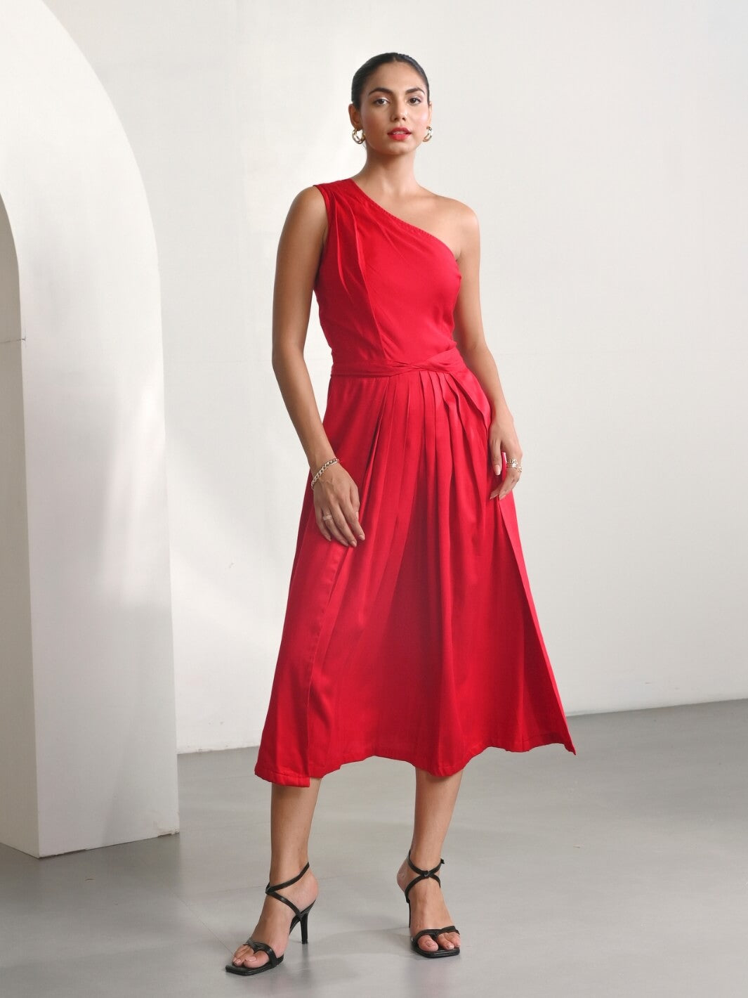 Red Cotton Satin One Shoulder Party Dress