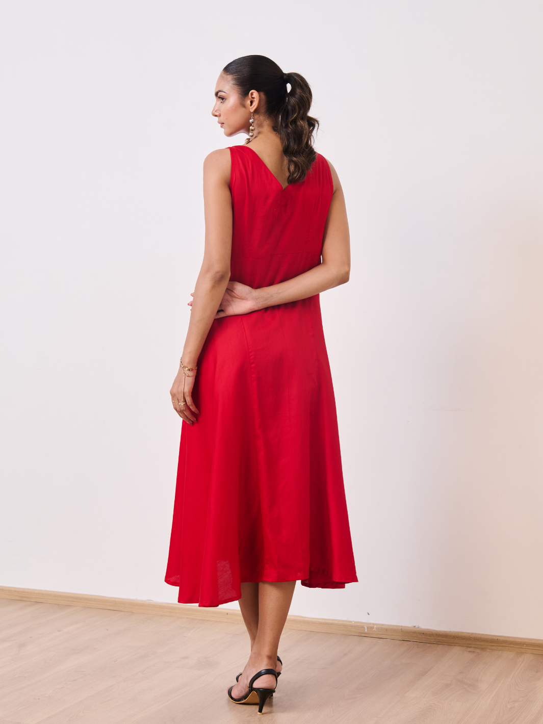 Deep Red Cotton Satin Sleeveless Party Dress