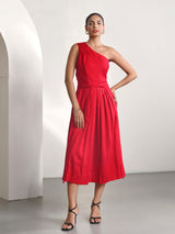 Red Cotton Satin One Shoulder Party Dress