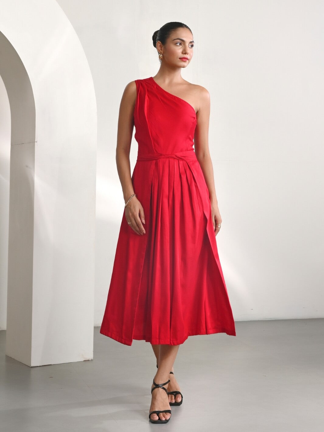 Red Cotton Satin One Shoulder Party Dress