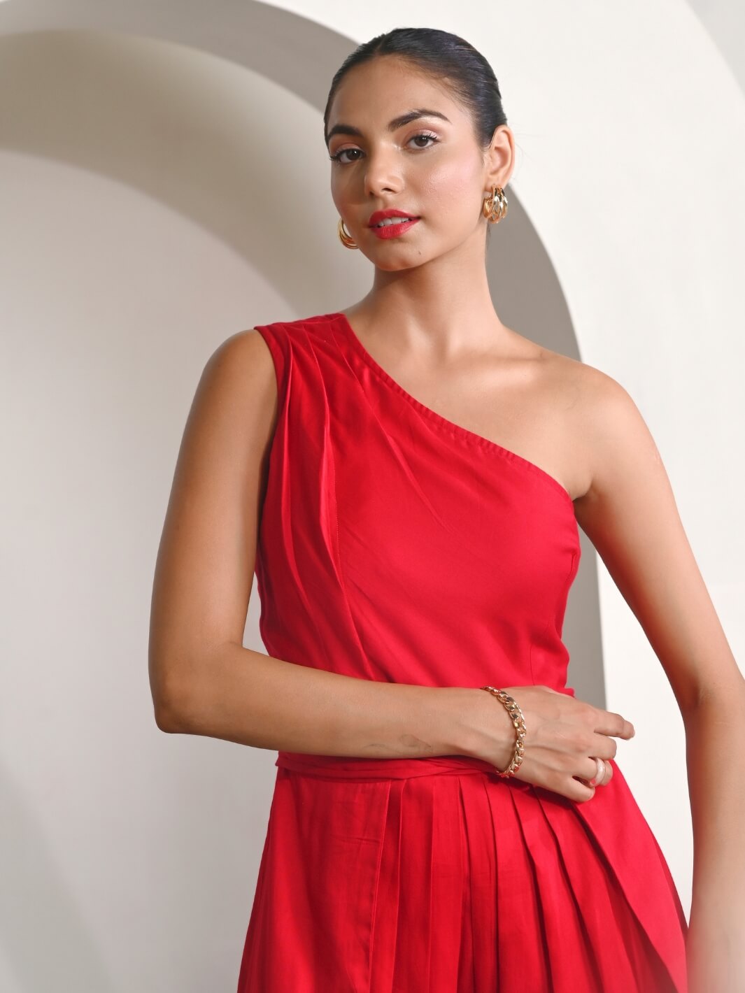 Red Cotton Satin One Shoulder Party Dress