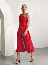 Red Cotton Satin One Shoulder Party Dress