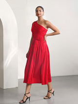 Red Cotton Satin One Shoulder Party Dress