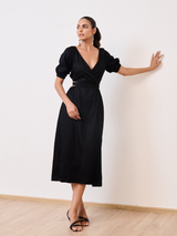 Black Cotton Satin Deep-V Bareback Party Dress