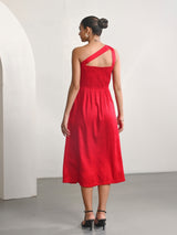 Red Cotton Satin One Shoulder Party Dress