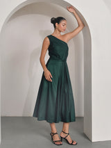 Green Cotton Satin One Shoulder Party Dress