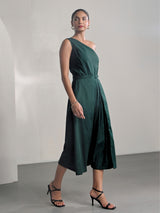 Green Cotton Satin One Shoulder Party Dress