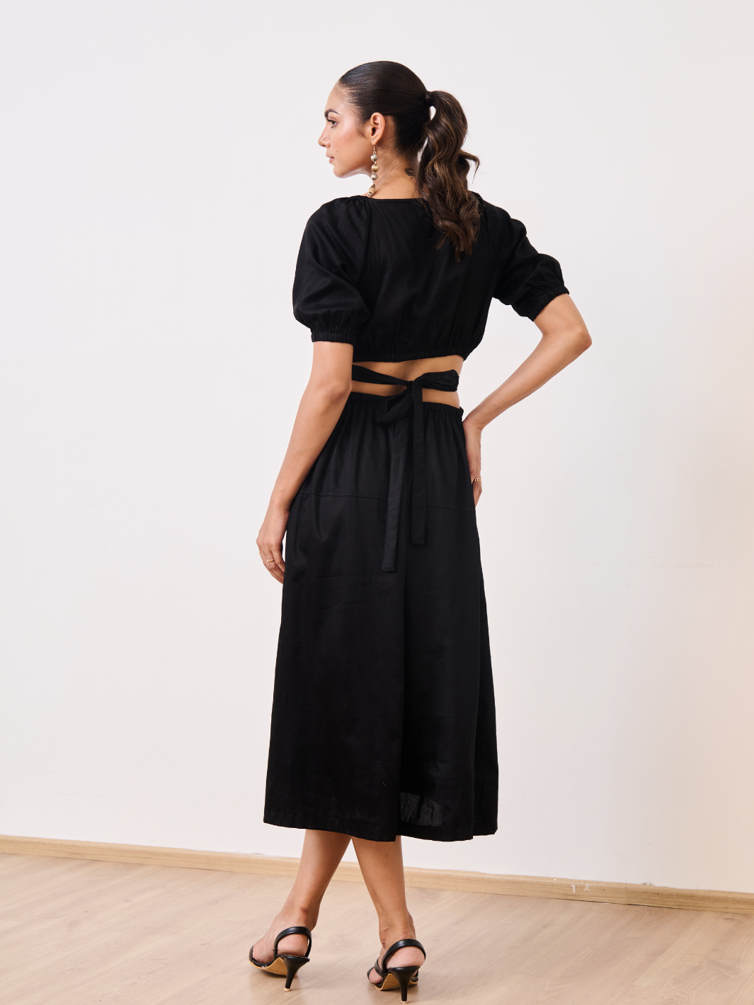 Black Cotton Satin Deep-V Bareback Party Dress